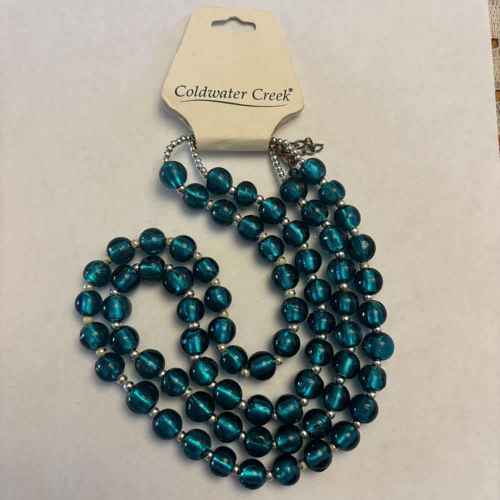Coldwater Creek Teal Blue Foil Glass Bead Strand Necklace NWT